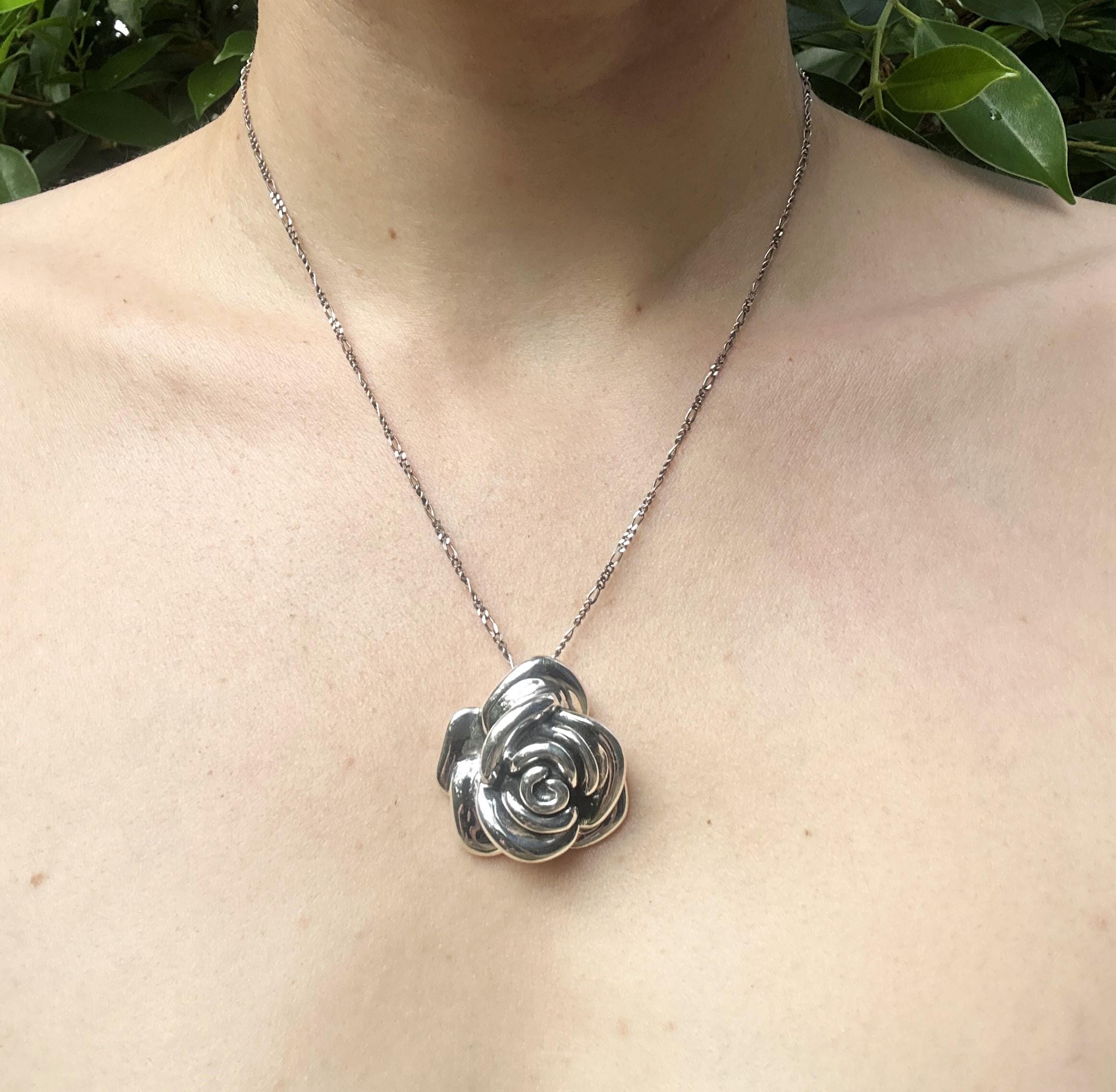 Large Rose Flower Pendant STERLING SILVER 925 Massive Silver Rose