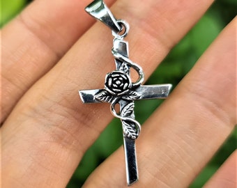 Rose Cross Pendant 925 STERLING SILVER Rosicrucian Floral Cross Sacred Symbol Talisman Amulet
