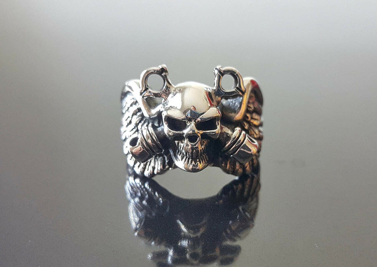 Skull Ring 925 STERLING SILVER Winged Skull Piston Head Punk