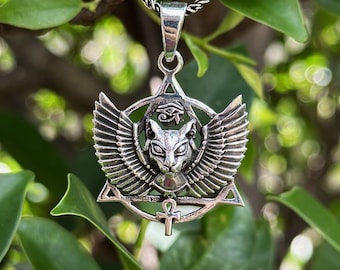 Pendentif BASTET déesse de l'Egypte en argent sterling 925 chat ailé pyramide égyptienne Ankh oeil de Ra divinité égyptienne symbole sacré amulette talisman