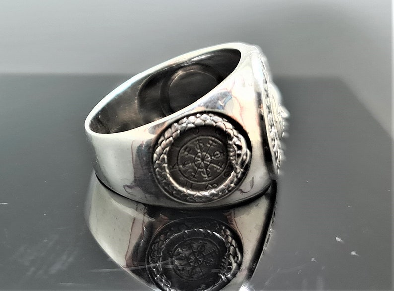 Sun God Ring STERLING SILVER 925 Ouroboros Vegvisir Runic Compass Celestial Divine Talisman Protective Amulet Sacred Symbol Divinity image 7