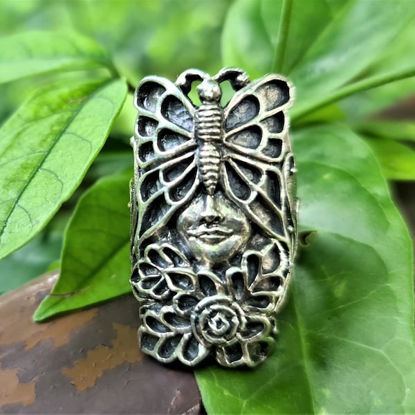 Butterfly Forest Fairy Face Ring 925 STERLING SILVER Flower Nymph Elf Fairy Floral Magic Motive Handmade