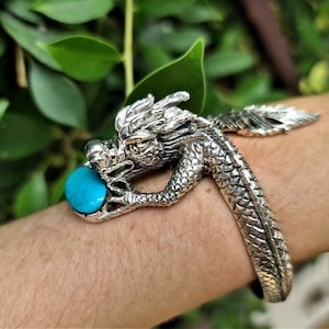Dragon Bracelet STERLING SILVER 925 Turquoise Chinese Dragon Ancient Sacred Symbol Talisman Amulet Good Luck Adjustable