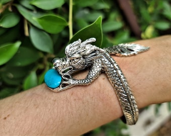 Reserved Dragon Bracelet STERLING SILVER 925 Turquoise Chinese Dragon Ancient Sacred Symbol Talisman Amulet Good Luck Adjustable