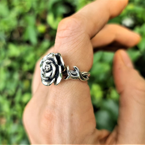 Rose Flower Ring STERLING SILVER 925 Rose Thorns Floral Exclusive Design Adjustable