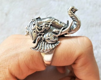 Elefant Ring STERLING SILBER 925 Stoßzähne Ganesh Kopf Großer Elefant Talisman