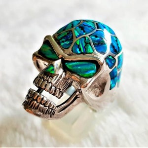 Anillo de calavera de ópalo macizo, plata de ley 925 maciza, anillo de ópalo grande, estilo rock, gótico, punk, motero, impresionante, artístico, hecho a mano, exclusivo, 26 GRAMOS
