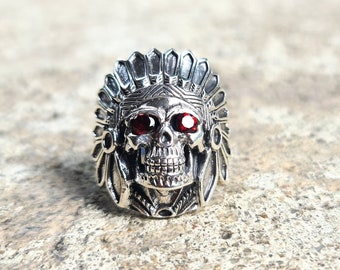 American Indian Skull Chief Warrior Ring STERLING SILVER 925 Natural Garnet Eyes Tribal Chief Spirit Amulet Talisman Handmade