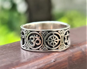 Sacred Symbols Ring Sterling Silver 925 CO-EXIST Yin Yang Crescent Moon David’s Star Buddhist Wheel of Life Ohm Aum Christian Cross