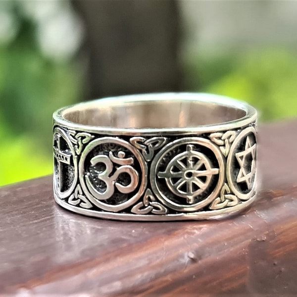 Sacred Symbols Ring Sterling Silver 925 CO-EXIST Yin Yang Crescent Moon David’s Star Buddhist Wheel of Life Ohm Aum Christian Cross