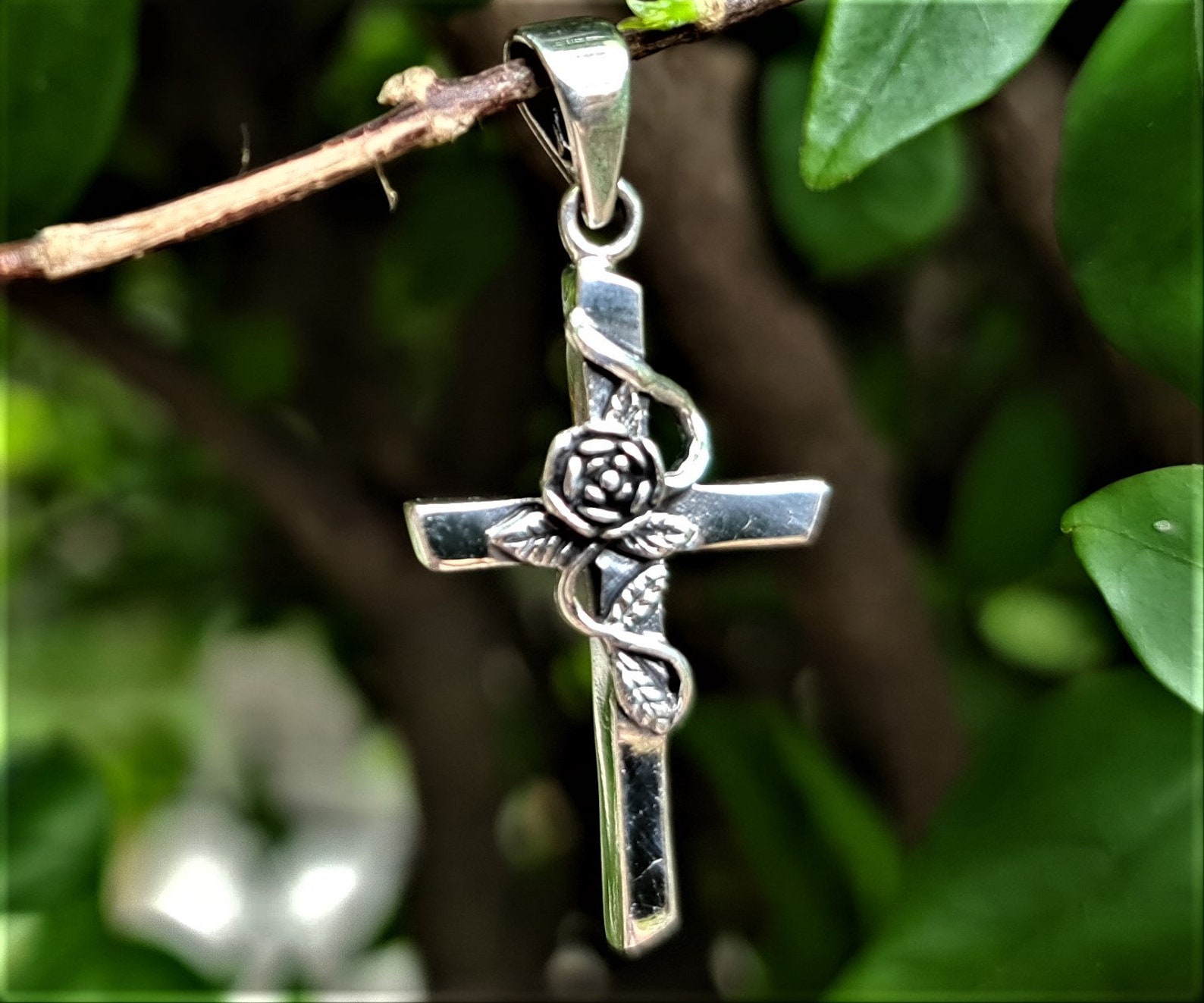 Rose Cross Pendant 925 STERLING SILVER Rosicrucian Floral Cross Sacred ...