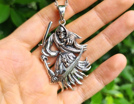 Grim Reaper Pendant STERLING SILVER 925 Skeleton With Scythe
