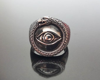 Todo Ojo Que Ve Ouroboros Anillo PLATA ESTERLINA 925 Serpiente Comiendo Cola Talismán Amuleto Antiguo Símbolo Ojo de la Providencia