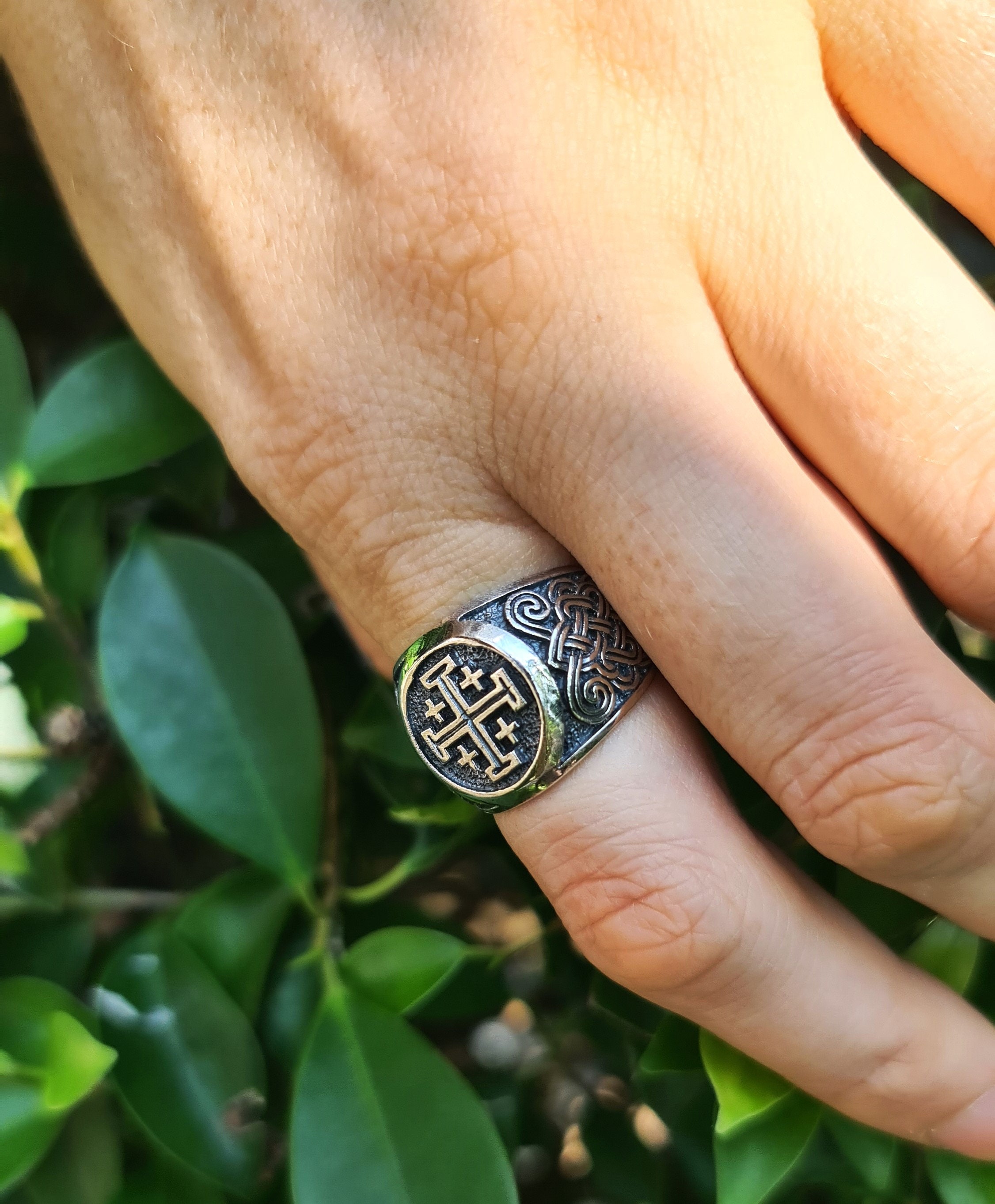925 Sterling Silver Jerusalem Cross Ring With Fleur De Lis - Unisex Size 8.5, Handmade In USA - Crusader Cross Ring - View #2
