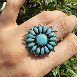 Turquoise Flower Ring 925 Sterling Silver Sunflower Genuine Gemstone Unique Exclusive Gift Adjustable