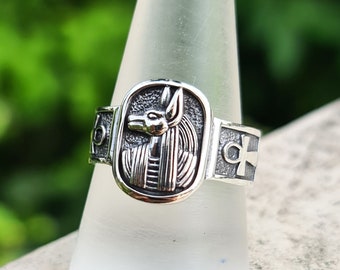 Anubis Ring 925 Sterling Silver Jackal-headed God of Egypt Egyptian Deity Ankh Sacred Symbol Ancient Egypt Talisman Amulet
