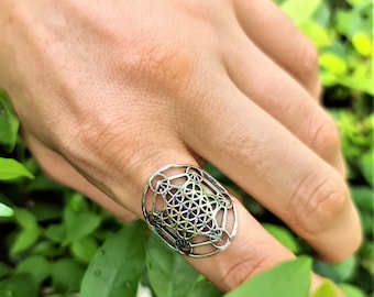 Bague cube Metatron en argent sterling 925 géométrie sacrée archange Metatron fruit de vie amulette talisman spirituel sceau de Salomon