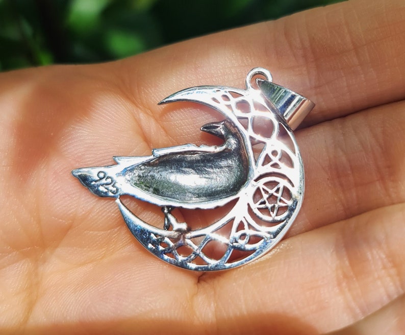 Crescent Moon Raven Pentagram Pendant STERLING SILVER 925 Celtic Viking ...