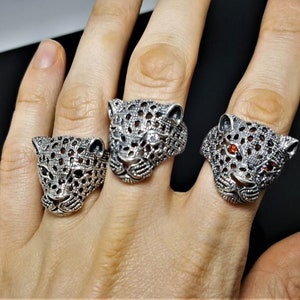 Panther Ring STERLING SILVER 925 Jaguar Cubic Zirconia Red/Black/White Eyes Cat Animal