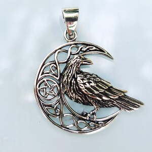 Crescent Moon Raven Pentagram Pendant STERLING SILVER 925 Celtic Viking ...