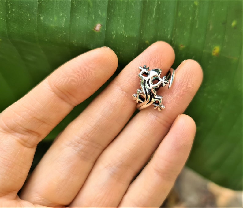 May include: A silver-colored frog ring, with intricate details, is displayed on a finger. The frog is in a climbing pose, with its legs and body forming the ring's design. The background is a blurred green leaf.