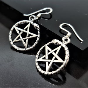 Ouroboros Pentacle Earrings 925 STERLING SILVER Pentagram Star Snake Eating its Tail Sacred Symbols Talisman Protective Amulet