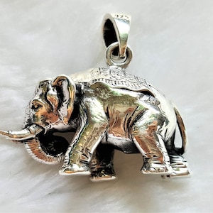 May include: A silver elephant pendant with intricate details. The pendant has a loop at the top for attaching to a chain.