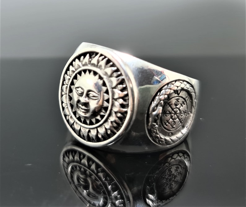 Sun God Ring STERLING SILVER 925 Ouroboros Vegvisir Runic Compass Celestial Divine Talisman Protective Amulet Sacred Symbol Divinity image 5