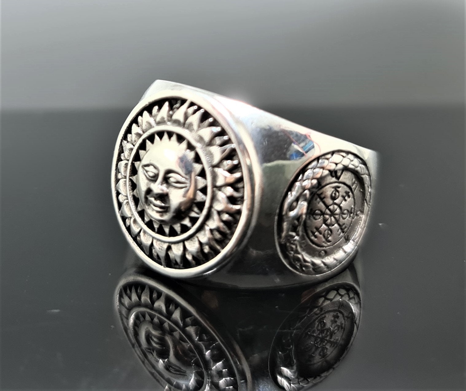 Sterling Silver Necronomicon Talisman Rune Symbol Engraved Round Flat Top Polished Ring