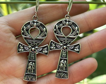 Långa Ankh-örhängen 925 STERLING SILVER Anubis Horus Scarab Vingar Livets nyckel Heliga forntida egyptiska symboler Ra's öga Talisman Amulett