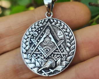 Masonic Pendant 925 Sterling Silver Masonic Compass Sacred Geometry Mason Symbols Pyramid Eye Amulet Occult Talisman