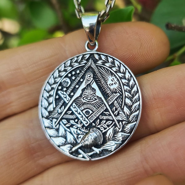 Masonic Pendant 925 Sterling Silver Masonic Compass Sacred Geometry Mason Symbols Pyramid Eye Amulet Occult Talisman