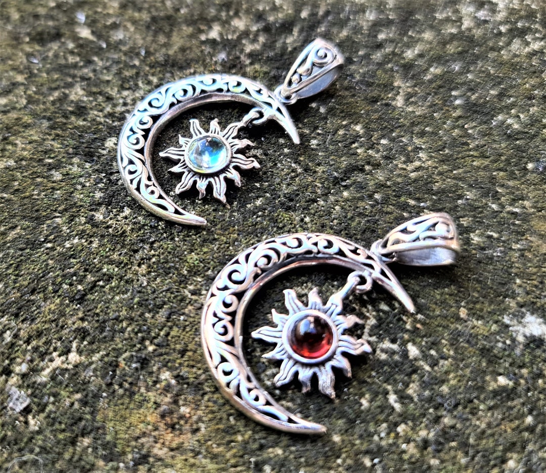 Crescent Moon With Star Pendant STERLING SILVER 925 Natural Garnet ...