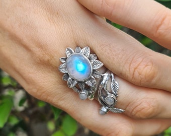 Moonstone Flower Ring STERLING SILVER 925 Sunflower Genuine Moonstone Gemstone Handmade Exclusive Design Adjustable Size