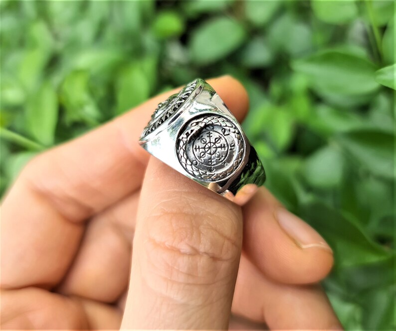Sun God Ring STERLING SILVER 925 Ouroboros Vegvisir Runic Compass Celestial Divine Talisman Protective Amulet Sacred Symbol Divinity image 9