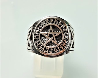 Pentagramme Anneau Runique 925 ARGENT STERLING Pentacle Runes Symboles Sacrés Wicca Talisman Amulette protectrice Cadeau Exclusif