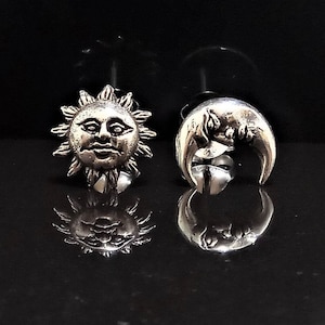 Sun Moon Stud Earrings STERLING SILVER 925 Celestial Divine Talisman Protective Amulet Sacred Symbol Divinity Sun God Moon Goddess