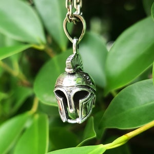 May include: Silver pendant necklace featuring a detailed depiction of a Roman soldier's helmet. The helmet is silver with a raised crest and intricate details. The necklace is hanging against a backdrop of green leaves.