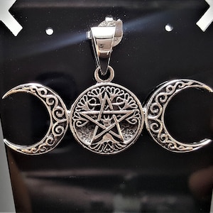 Triple Moon Goddess Sterling Silver 925 Pendant Pentagram Star Pagan Wiccan Star Crescent Moon Celestial Occult Talisman Amulet