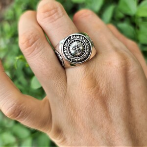 Sun God Ring STERLING SILVER 925 Ouroboros Vegvisir Runic Compass Celestial Divine Talisman Protective Amulet Sacred Symbol Divinity image 3