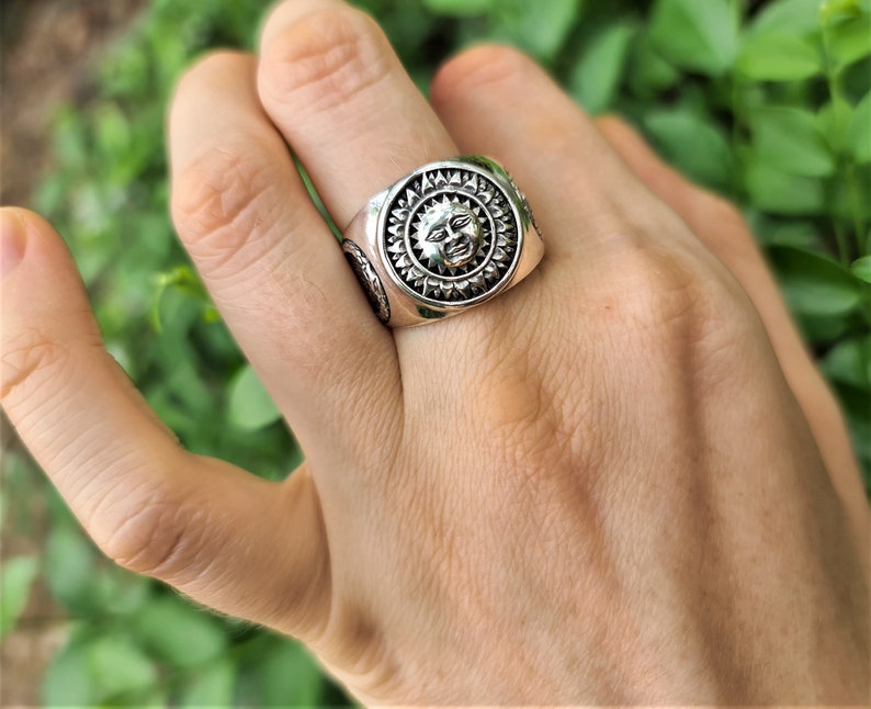 Sun God Ring STERLING SILVER 925 Ouroboros Vegvisir Runic Compass Celestial Divine Talisman Protective Amulet Sacred Symbol Divinity image 3