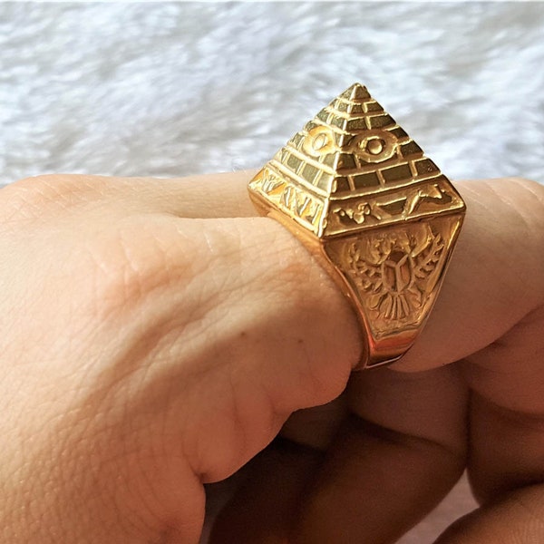 Ägyptischer Pyramide Ring 925 Sterling SILBER All seeing Eye Pyramide HEILIGE SYMBOLE Skarabäus Uraltes Talisman Amulett 18K Vergoldung