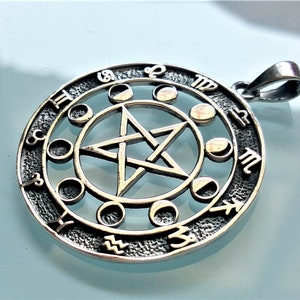 Moon Phases Pentagram Pendant STERLING SILVER 925 Star Energy Balance Zodiac Signs Astrology Sacred Symbols Astrologist Talisman Amulet