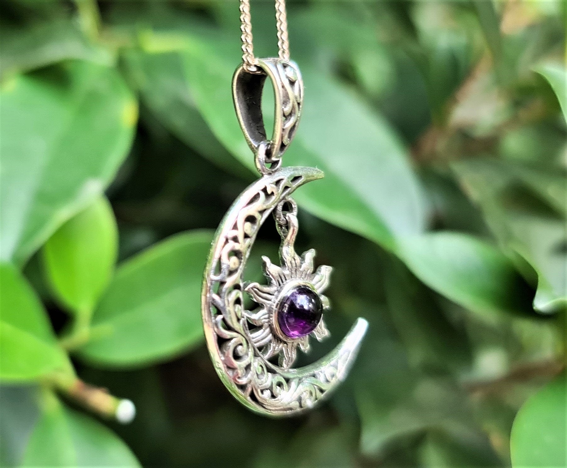 Sterling Silver & 14k Gold Plated Crescent Moon Pentacle Pendant With Natural Amethyst Stone