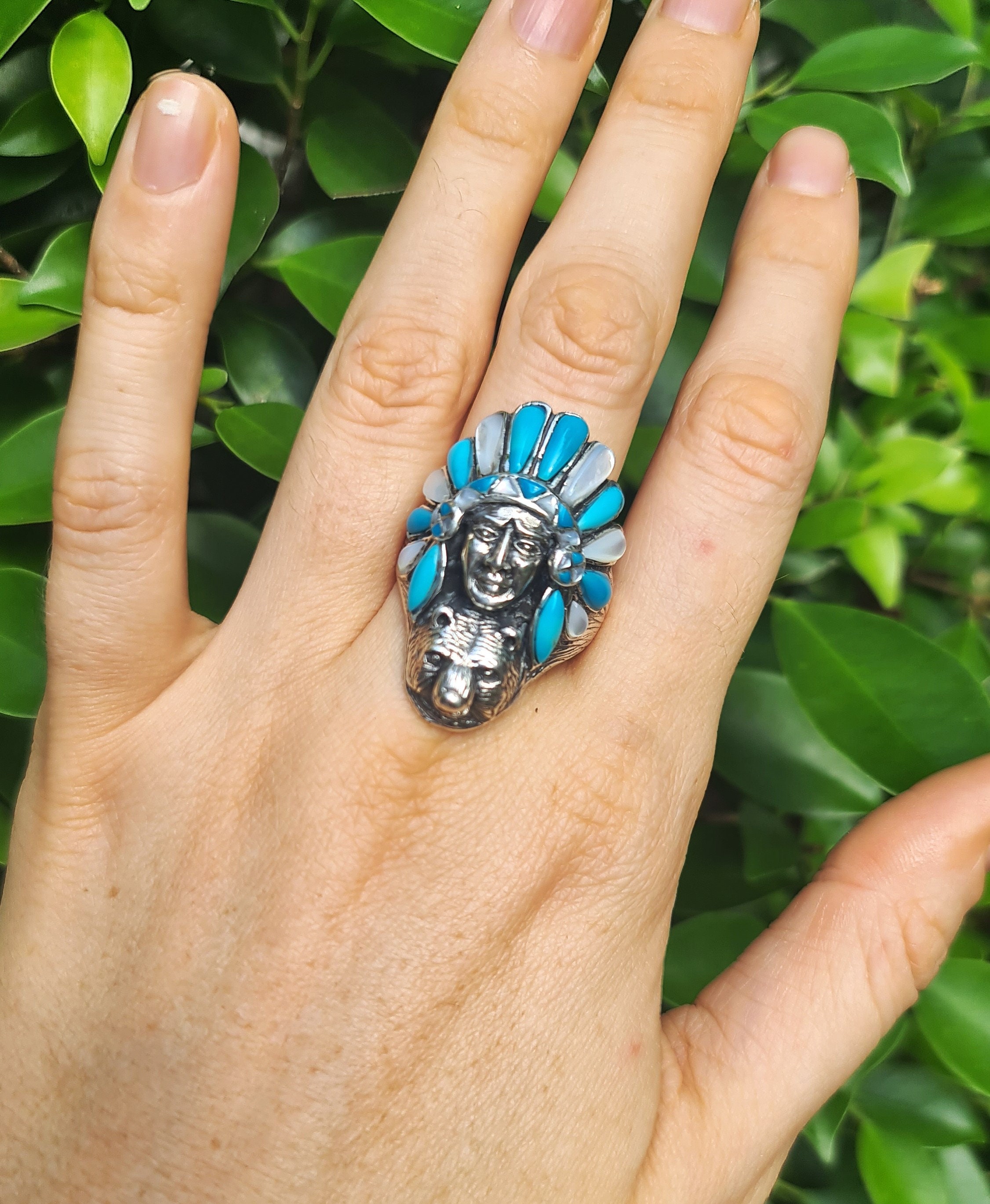 American Indian Ring 925 STERLING SILVER Natural Turquoise Mother