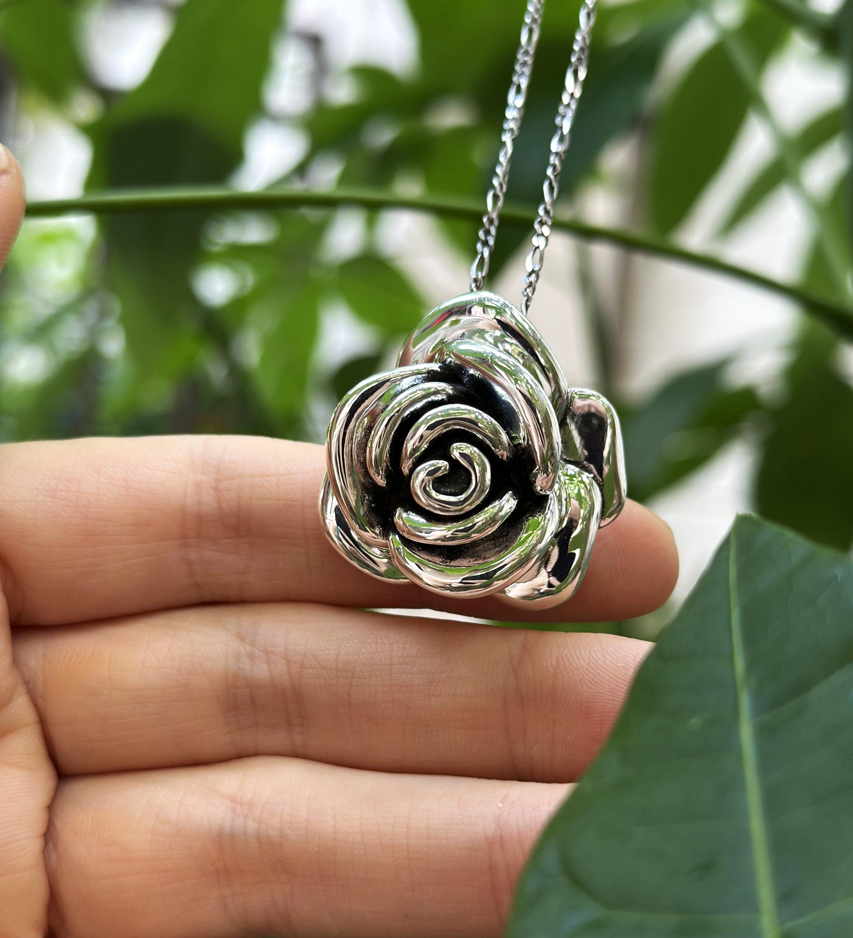 Large Rose Flower Pendant STERLING SILVER 925 Massive Silver Rose