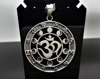 Moon Phases Om Aum Pendant STERLING SILVER 925 Zodiac Signs Astrology Energy Balance Sacred Symbols Talisman Amulet