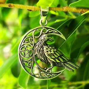 Crescent Moon Raven Pentagram Pendant STERLING SILVER 925 Celtic Viking ...