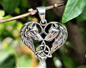 Heart Shaped Wolves Pendant STERLING SILVER 925 Celtic Trinity Knot Pair of Wolves Celtic Wolf Love Talisman