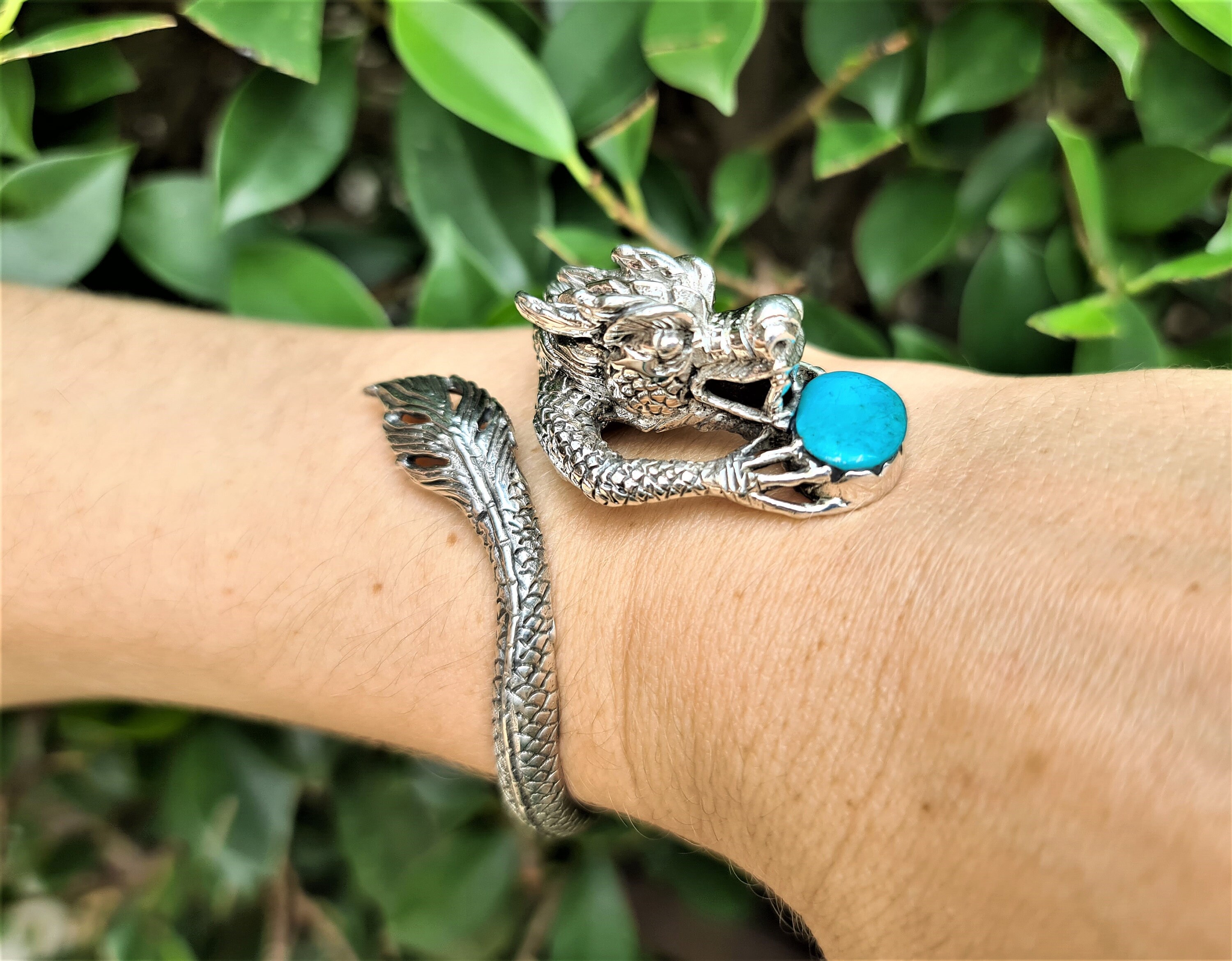 Reserved Dragon Bracelet STERLING SILVER 925 Turquoise Chinese Dragon  Ancient Sacred Symbol Talisman Amulet Good Luck Adjustable 